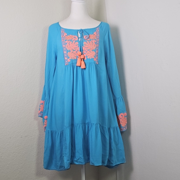 Lilly Pulitzer Blue Embroidered Tassel Boho Dress | Size S | Bell Sleeve Resort - Picture 1 of 14